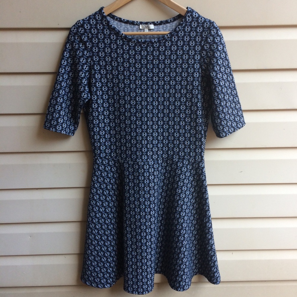 OVS Skater Dress Black, Blue Geometric Print SZ L